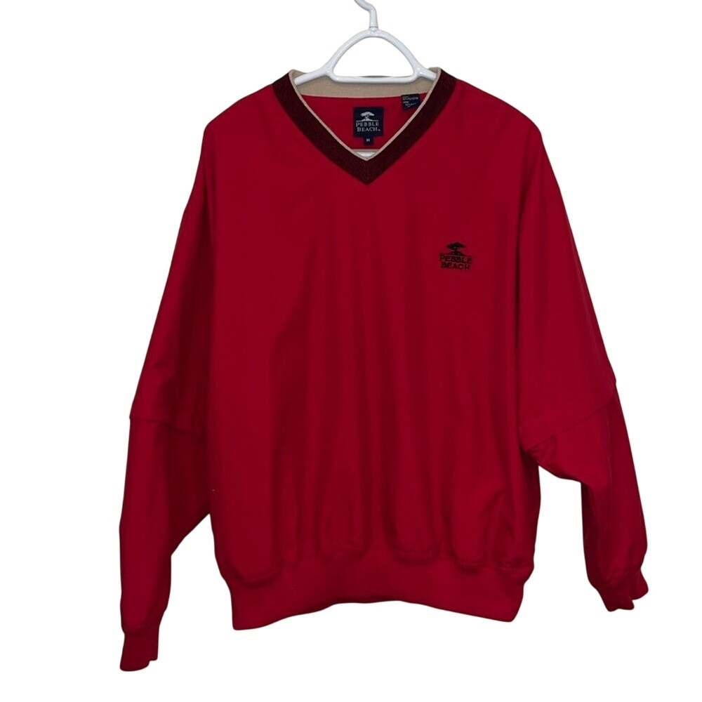 Pebble Beach Windshirt Mens Medium Red V-Neck Golf Pullover Water Resistant